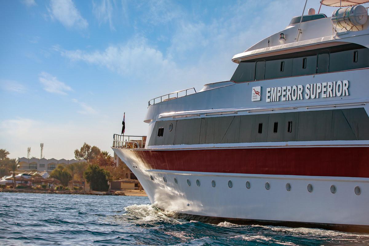Close side view of Emperor Superior liveaboard Egypt, showing windows and structure